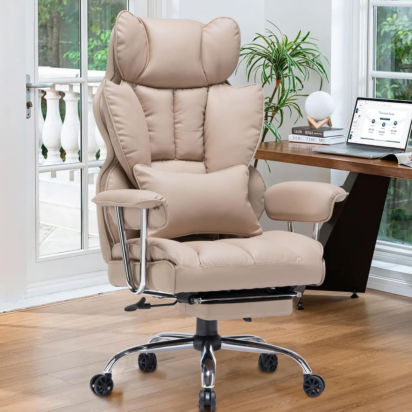 Efomao Big and Tall Office Chair 400lbs – PU Leather Executive Office Chair with Lumbar Support & Leg Rest, Heavy-Duty Computer Chair for Home Office, Dark Beige