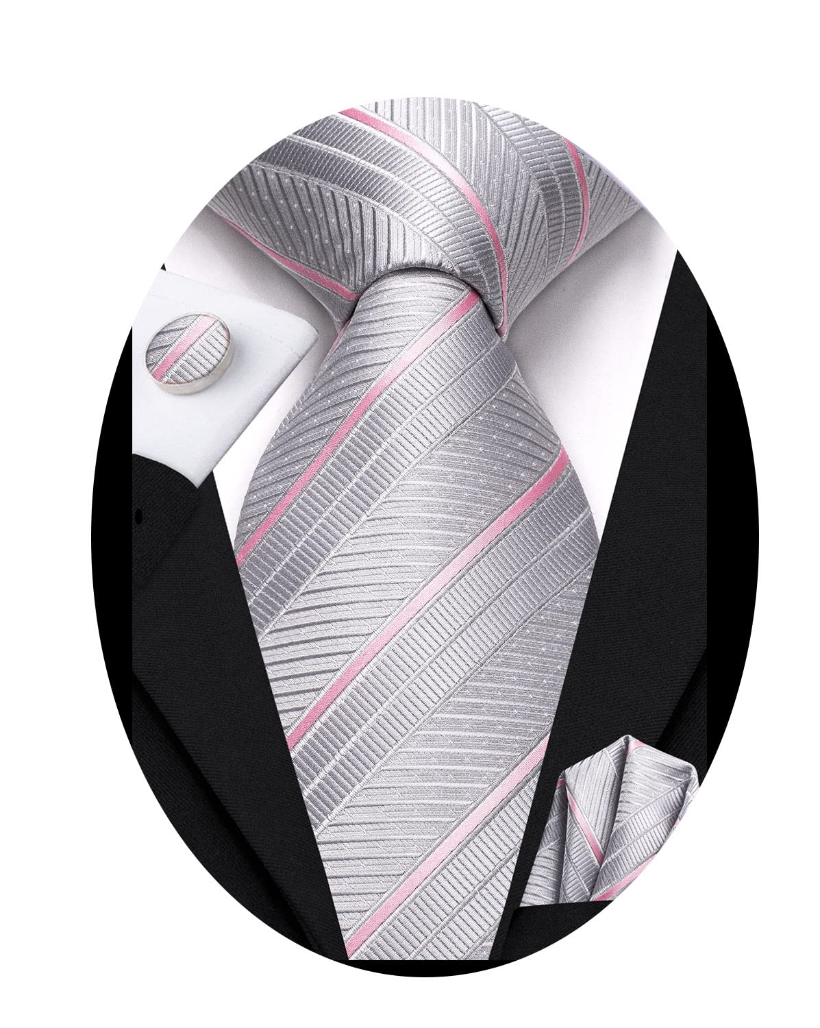 Hi-Tie Silver Ties for Men 70''Silk Extra Long Men's Ties Set Striped Necktie and Pocket Square Cufflinks for Business