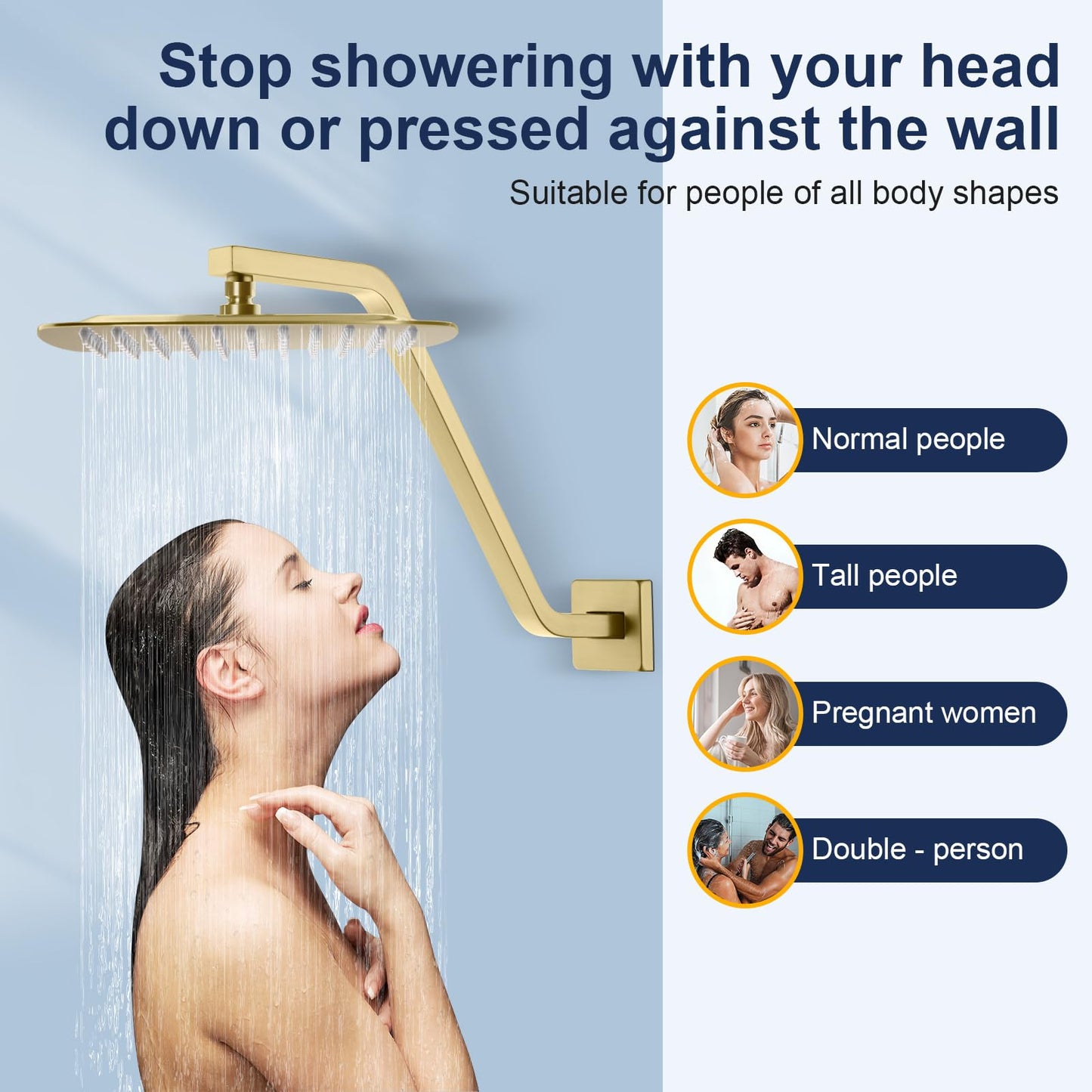 Uvish Square Shower Head Extension Arm with Flange, 16.5 Inch Z/S Shaped High Rise Shower Pipe Extender Wall-Mounted for Fixed Bathroom, Shower Head Goose Neck Arm - Extra Long Thread, Brushed Gold