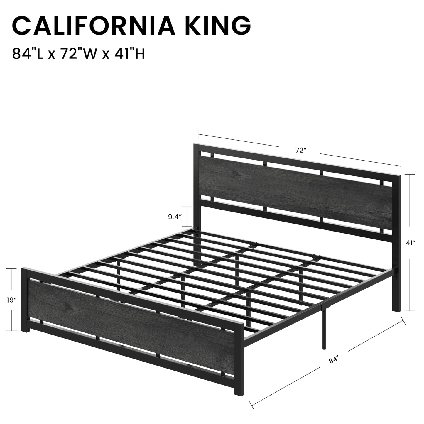 LIKIMIO California King Bed Frame with Headboard and Footboard, Metal Strong Supports, Easy Assembly, Noise-Free, No Box Spring Needed, Charcoal Grey