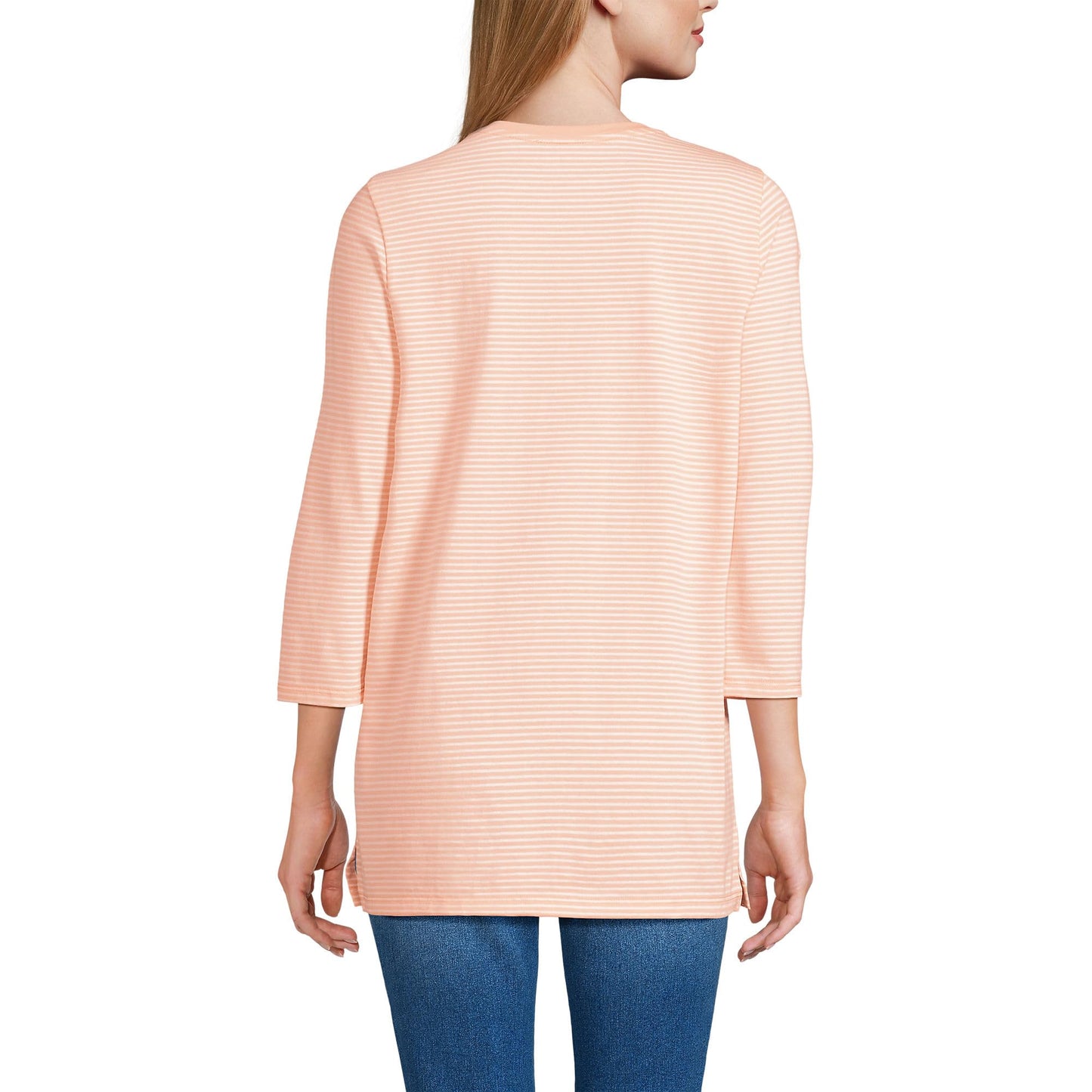 Lands' End Womens 3Q Cotton Supima Crew Neck Tunic Tinted Peach Micro Stripe Tall Medium