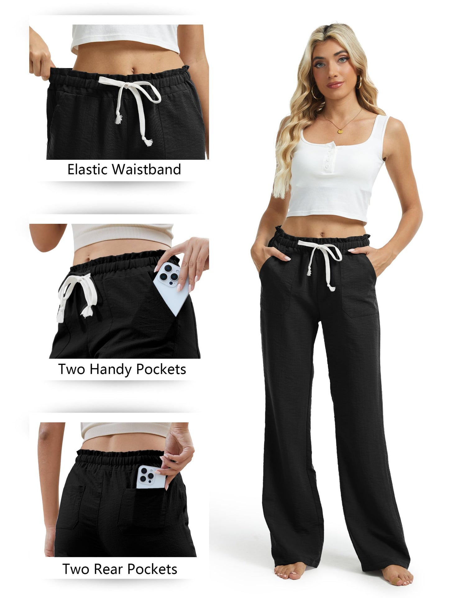 SEVEGO Women's Casual Linen Pants Tall 34" Inseam Flared Leg Smocked Waist Beach Summer Slacks, Black, Large
