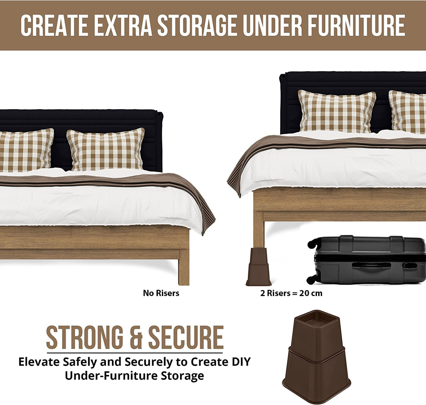 Utopia Bedding Adjustable Bed Furniture Risers - Elevation in Heights 3, 5 or 8 Inch Heavy Duty Risers for Beds and Under Bed Storage - Supports up to 1,300 lbs - (Set of 8 Riser, Brown)