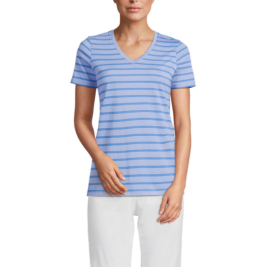 Lands' End Womens SS Relaxed Supima V Neck T Shirt Light Cornflower Dual Stripe Tall Medium
