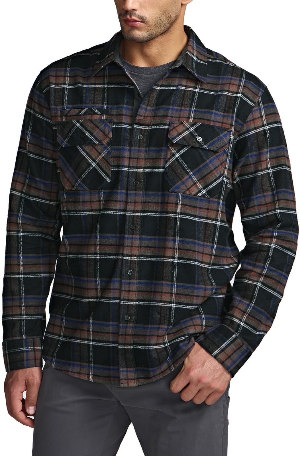 CQR Men's Flannel Button Down Shirts, Soft Cotton Plaid Long Sleeve Tactical Work Shirt, Warm Outdoor Essential with Pocket, Stealth Coal Miner, Large Tall