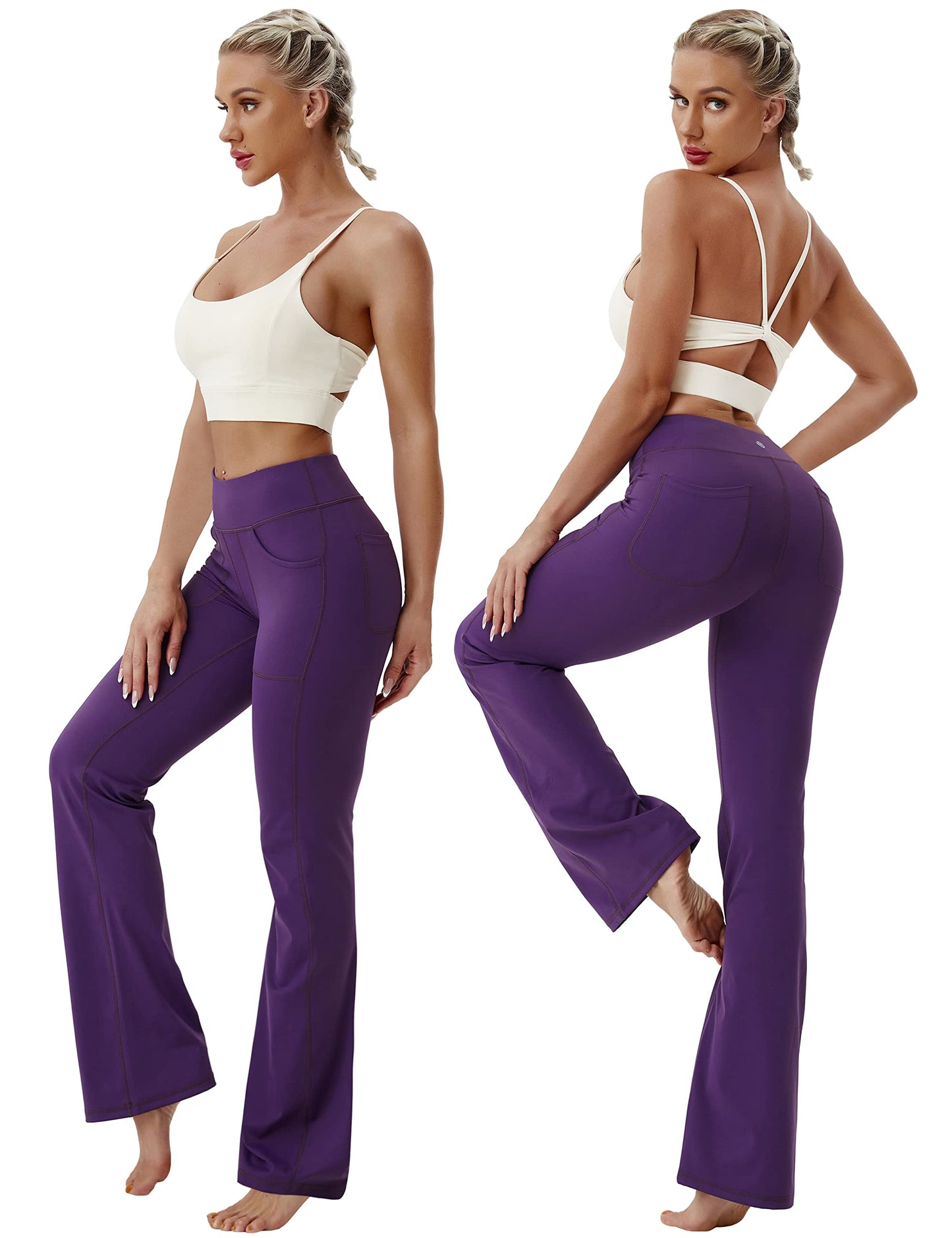 BUBBLELIME 29"/31"/33"/35" 4 Styles Women's High Waist Bootcut Yoga Pants - Out Pockets_EGGPLANTPURPLE M-35 Inseam