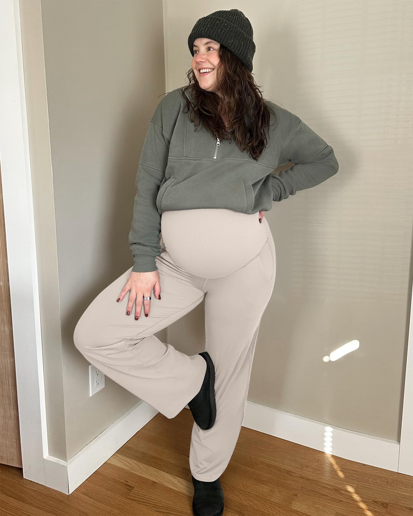 G4Free Maternity Clothes Wide Leg Outfits Pregnancy Dress Work Pants High Waist Yoga Pants with Pockets Winter Trousers(Light Khaki,L,32")