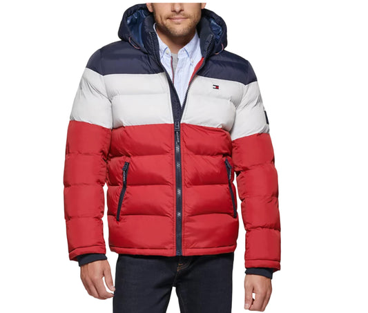 Tommy Hilfiger Men's Classic Hooded Puffer Jacket (Standard and Big & Tall), midnight/white/red, Large Tall