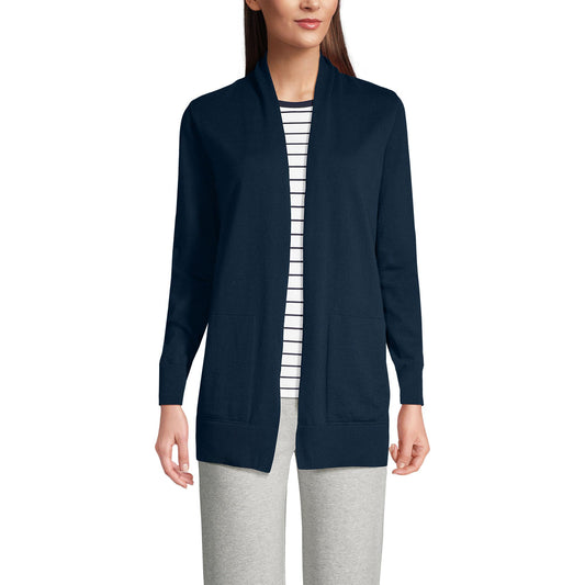 Lands' End Womens Cotton Long Sleeve Open Cardigan Sweater Radiant Navy Tall Small
