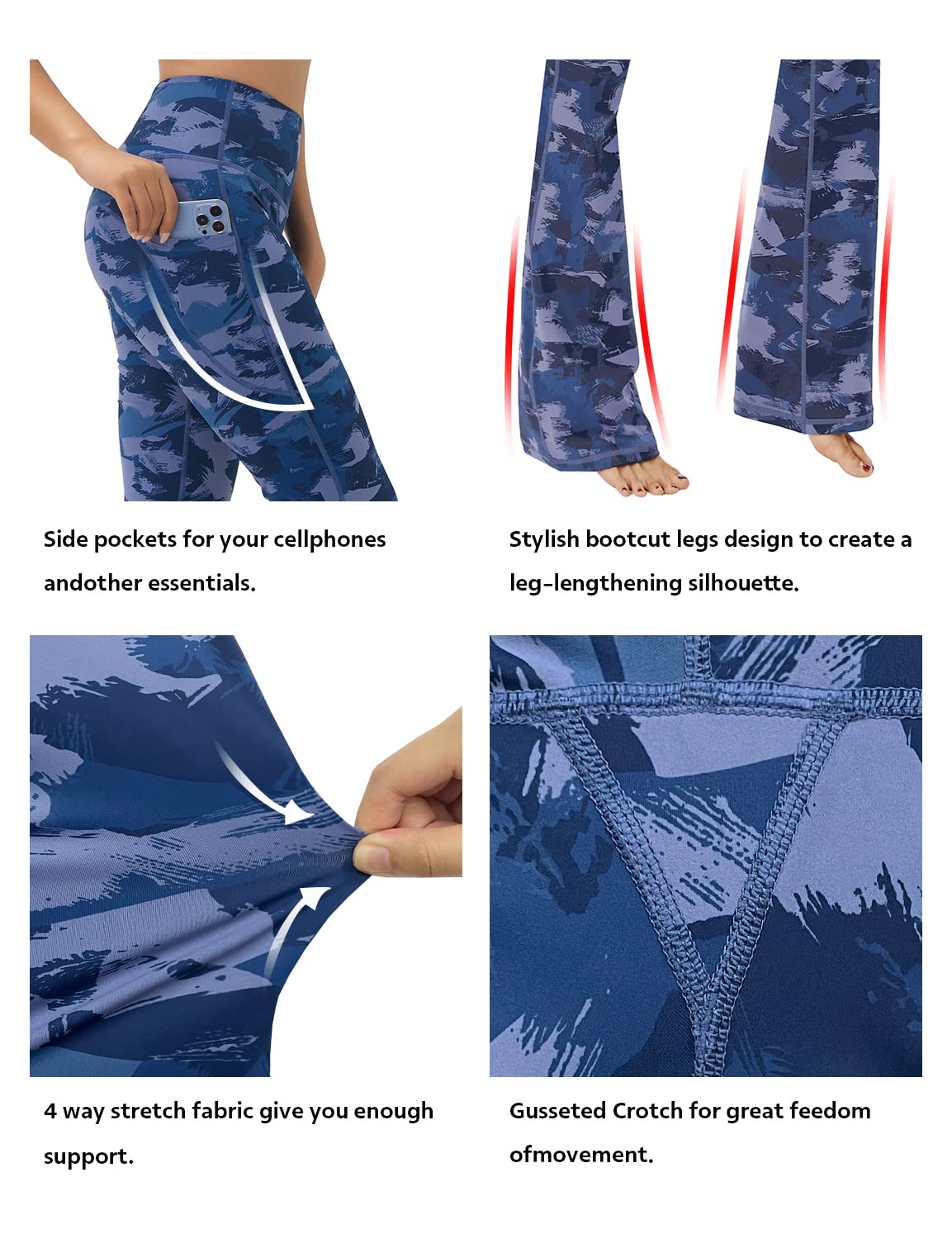 BUBBLELIME 29"/31"/33"/35" 4 Styles Women's Tummy Control Bootcut Yoga Pants - Side Pockets_Navy BRUSHCAMO M-35 Inseam