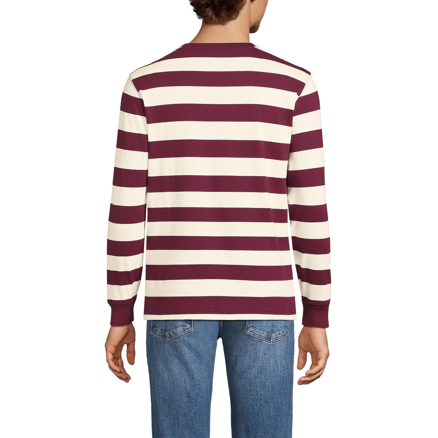Lands' End Mens Long Sleeve Super-T Tee Burgundy/Ivory Even Stripe Tall X-Large