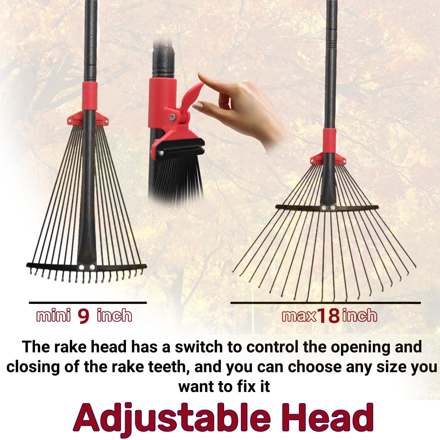 TAILERNRUYE 91 Inch Rake for Leaves , Adjustable 18 Tines with Expandable Head 9-18in Grass Rake Heavy Duty Metal Rakes for Women Children Yard Gardener Gardening Grass Debris Lawns