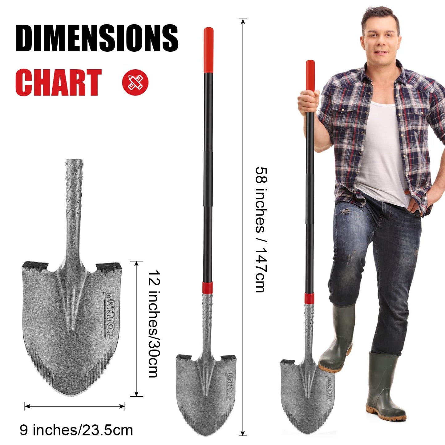 HANTOP Heavy Duty Garden Tools Digging Shovel Garden Shovel Spade with Long Fiberglass Handle for Digging and Garden Work,58 inches