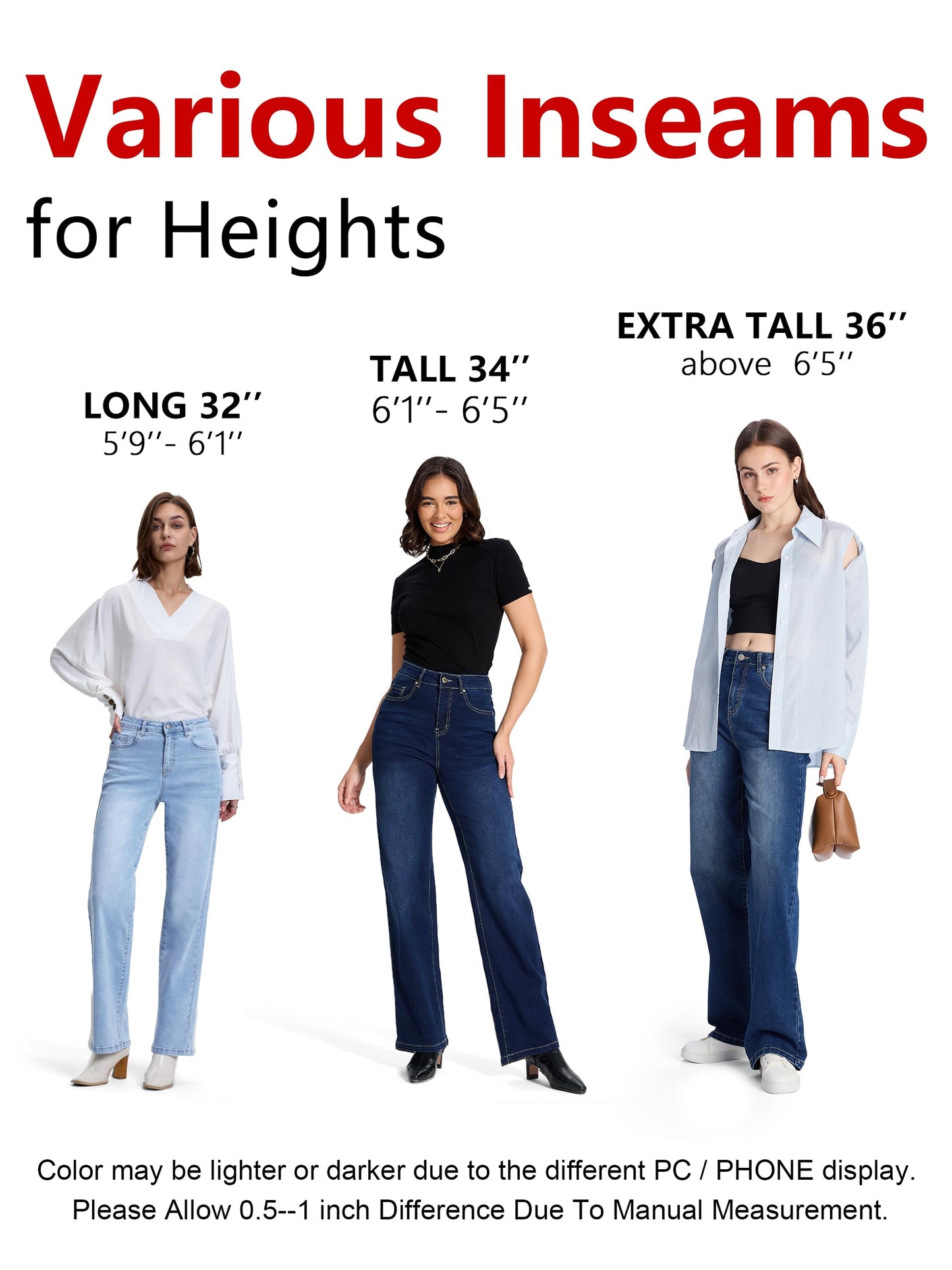 SEVEGO Women's 32"/34"/36" Tall Straight Leg Jeans Mid Waisted Stretchy Loose Denim Pants Casual Baggy Jean Trousers 32'', Black, L