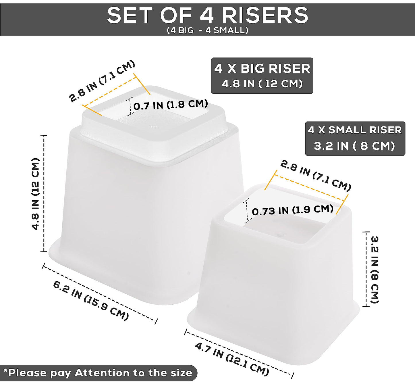 Utopia Bedding Adjustable Bed Furniture Risers - Elevation in Heights 3, 5 or 8 Inch Heavy Duty Risers for Beds and Under Bed Storage - Supports up to 1,300 lbs - (Set of 4 Riser, White)