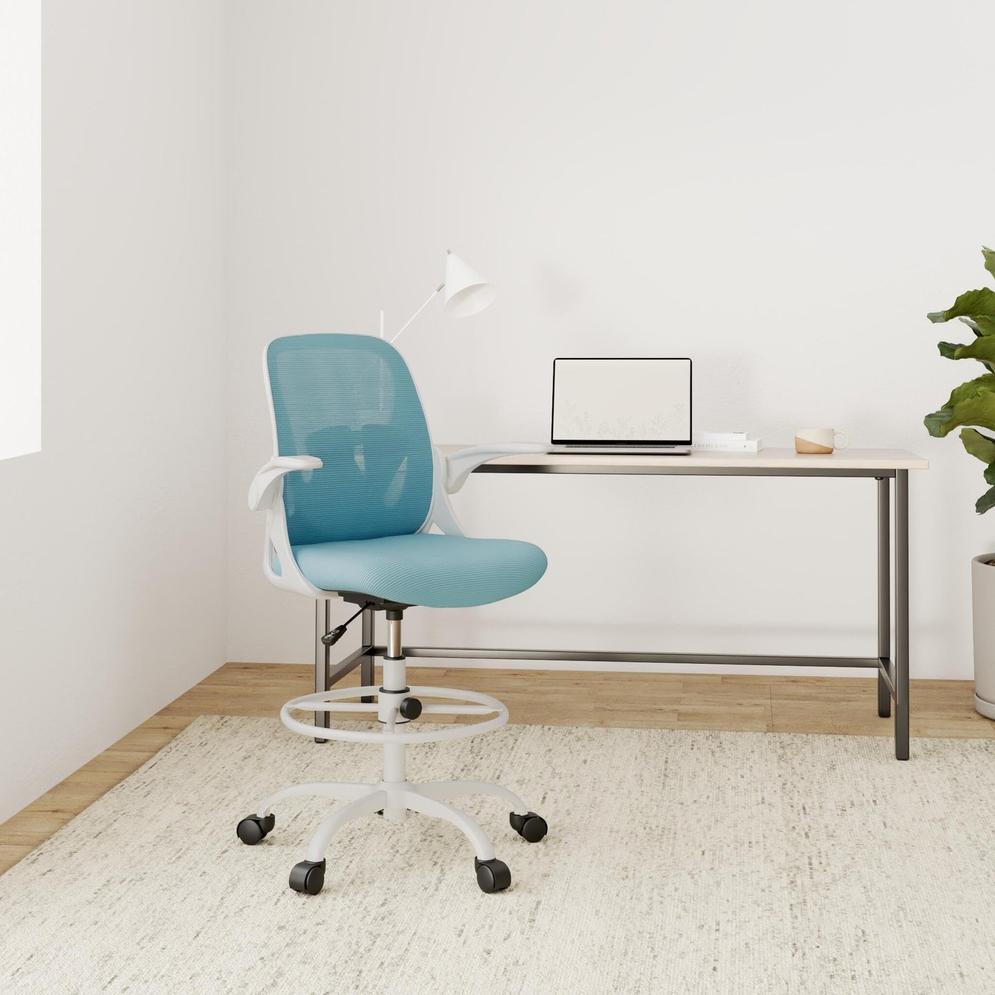 Primy Drafting Chair Tall Office Chair with Flip-up Armrests Executive Ergonomic Computer Standing Desk Chair with Lumbar Support and Adjustable Footrest Ring(Blue)