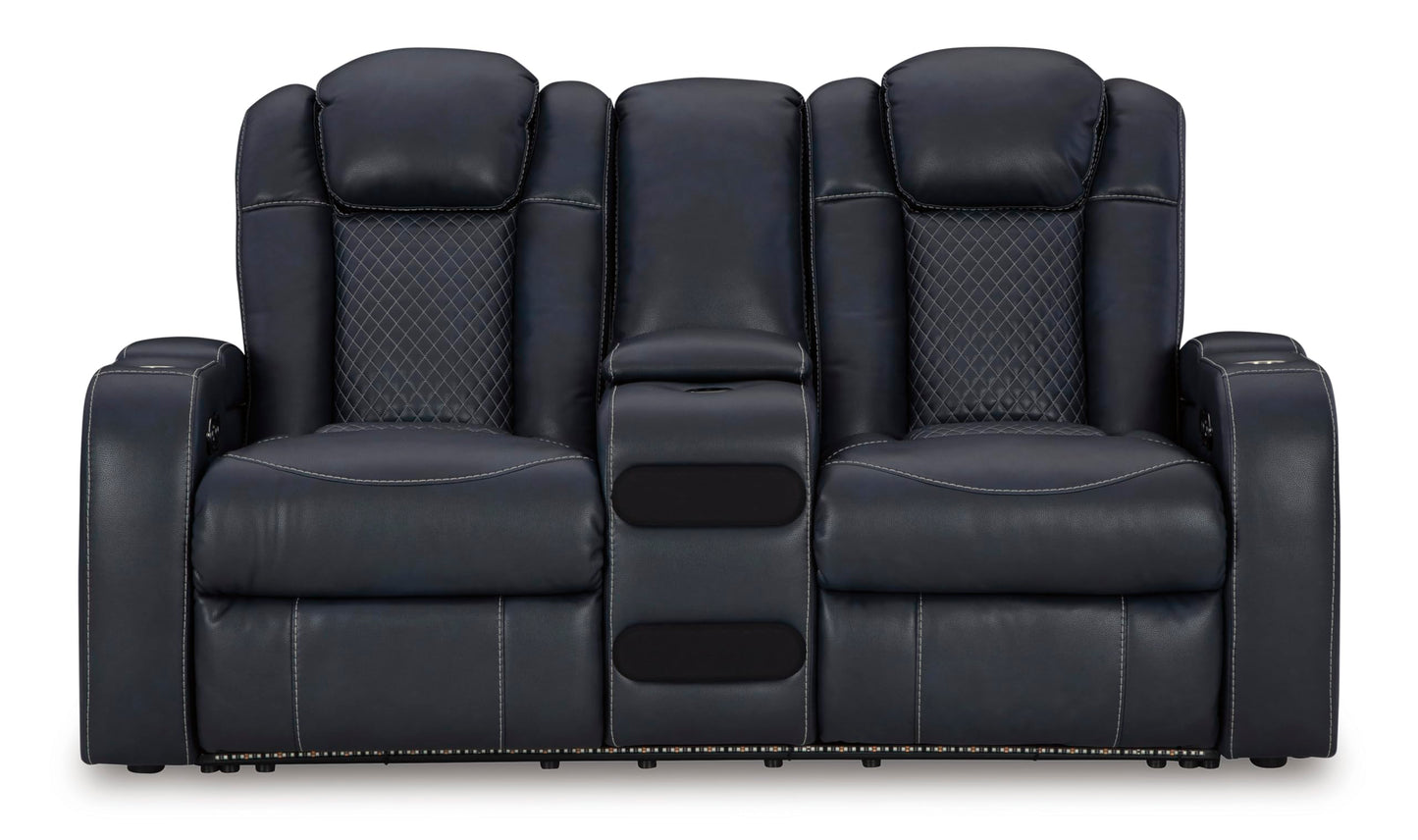 Signature Design by Ashley Fyne-Dyme Contemporary Power Reclining Loveseat with Console, USB Charging Ports and Adjustable Headrest, Blue