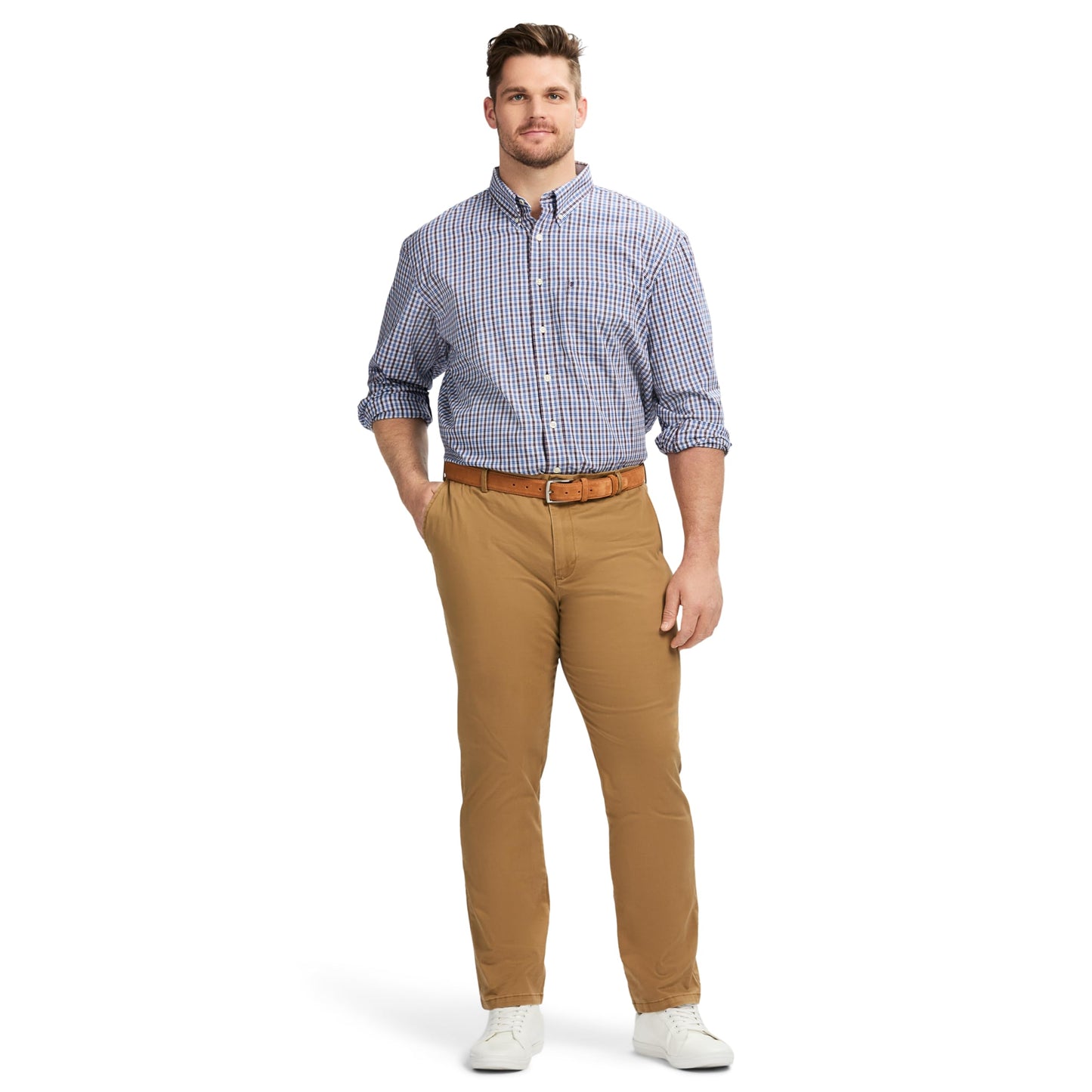 IZOD Men's Big and Tall Performance Comfort Long Sleeve Gingham Button Down Shirt, Plum Perfect Multi Check