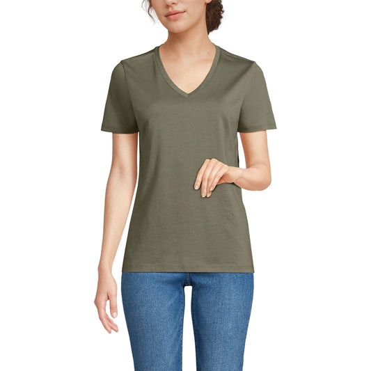 Lands' End Womens SS Relaxed Supima V Neck T Shirt Soft Olive Drab Tall Small