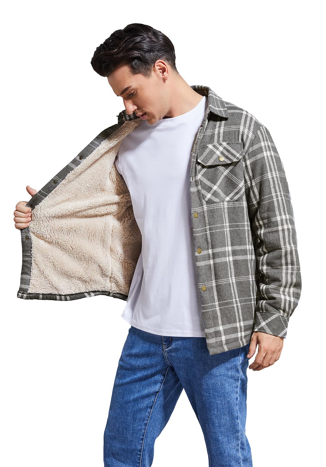 Puwasa Men's Sherpa Lined Cotton Flannel Shirt Jacket Plaid Button Up Jacket Coat for Men with Pocket Grey Large Tall