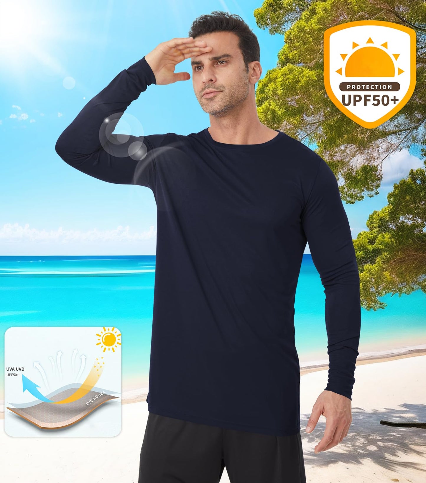 Men's Tall Rash Guard Long Sleeve T Shirts - UPF 50+ Sun Protection Tee Shirt for Fishing, Swim, Hiking Navy