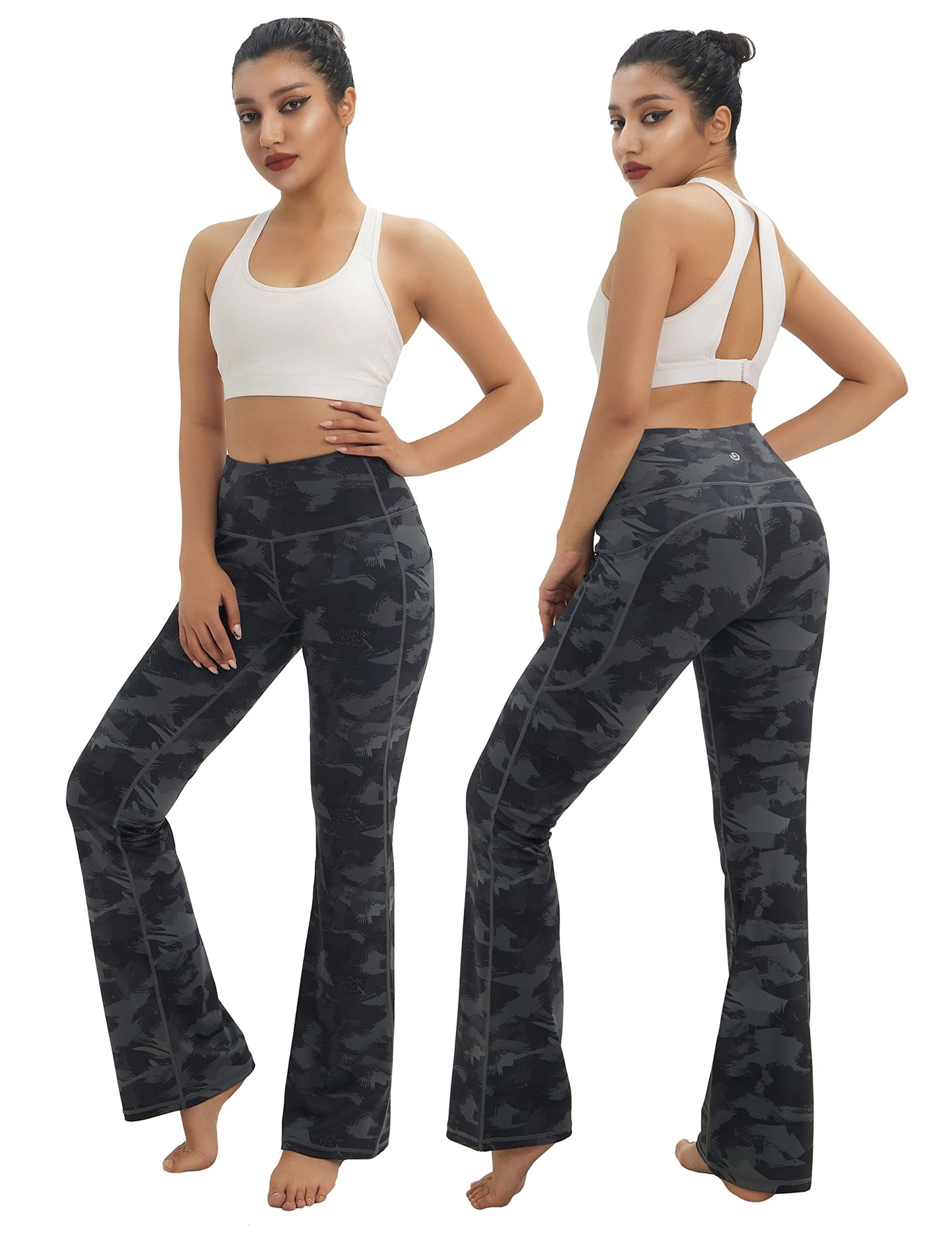 BUBBLELIME 29"/31"/33"/35" 4 Styles Women's Tummy Control Bootcut Yoga Pants - Side Pockets_DIMGRAY BRUSHCAMO L-35 Inseam