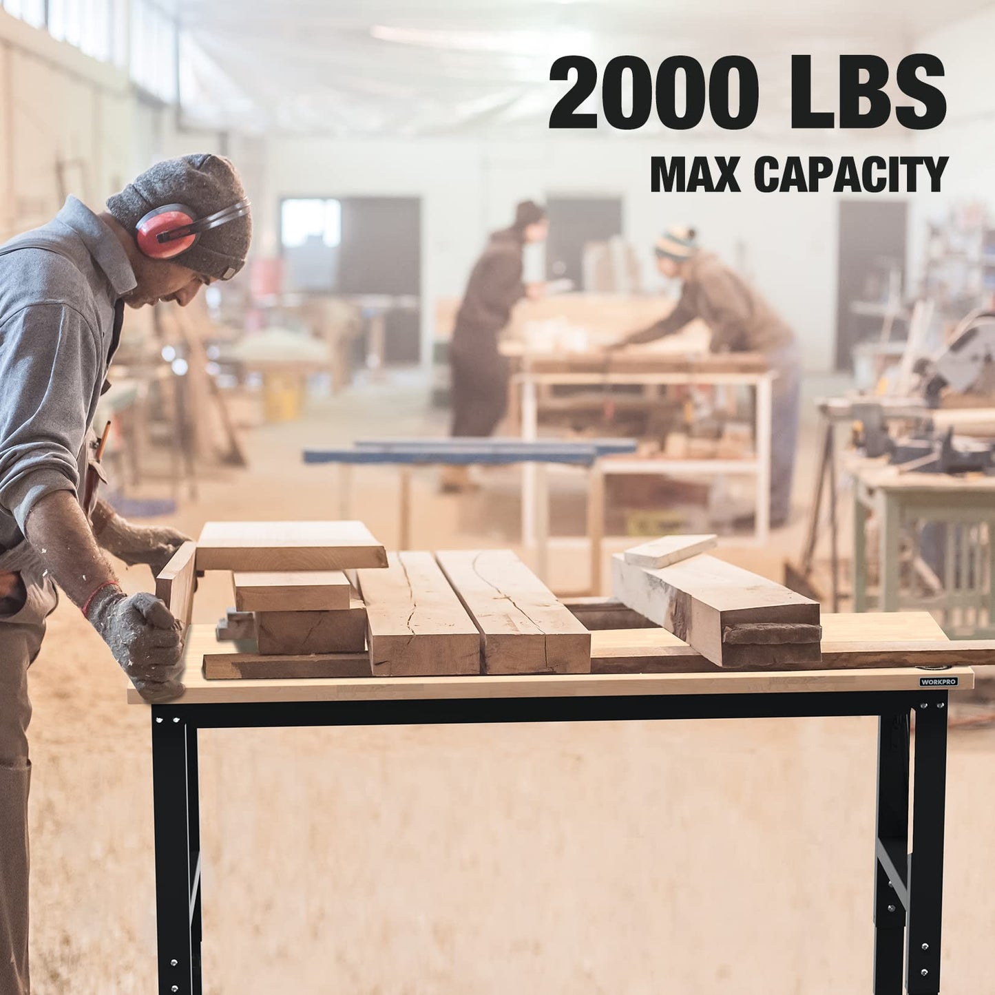 WORKPRO 60" Adjustable Workbench, Rubber Wood Top Heavy-Duty Workstation, 2000 LBS Load Capacity Hardwood Worktable with Power Outlets, for Workshop, Garage