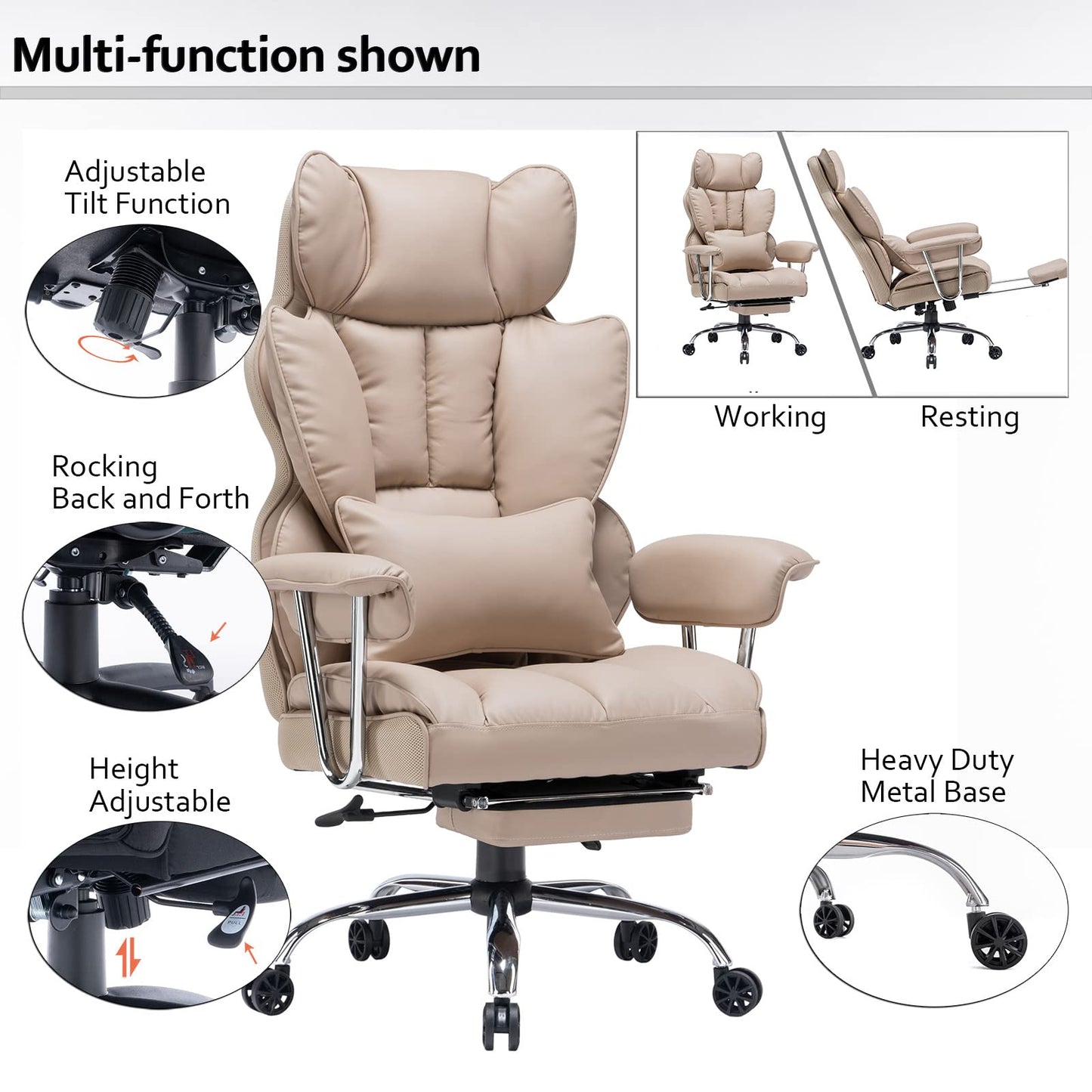 Efomao Big and Tall Office Chair 400lbs – PU Leather Executive Office Chair with Lumbar Support & Leg Rest, Heavy-Duty Computer Chair for Home Office, Dark Beige