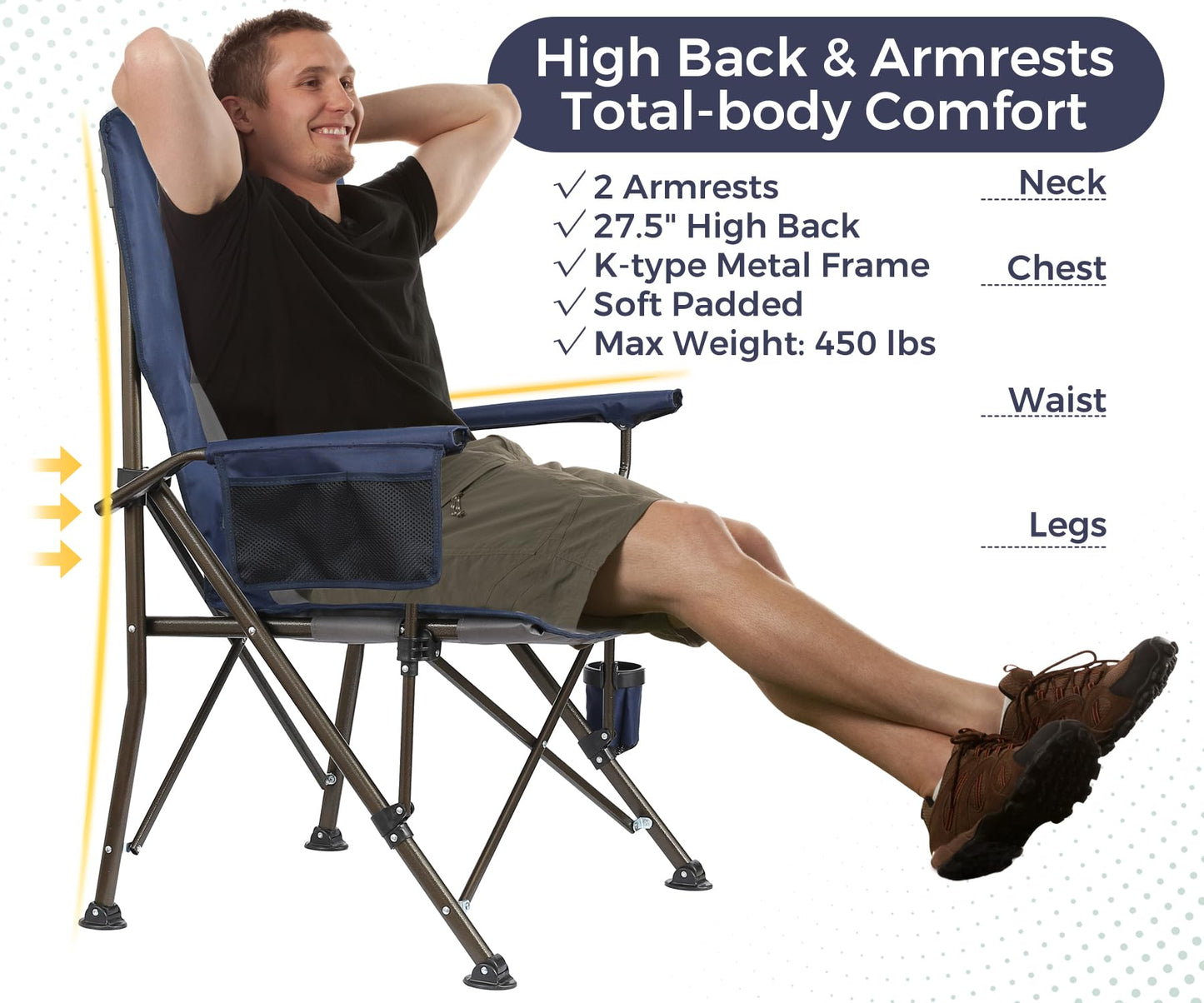 SKIKEN Large High Back Camping Chair for Adults - Oversized Comfortable for Tall People - Heavy Duty 450lbs Capacity K-Frame, Padded Seat & Armrests for Sitting Fishing Lawn Outside, Cup Holder (Blue)