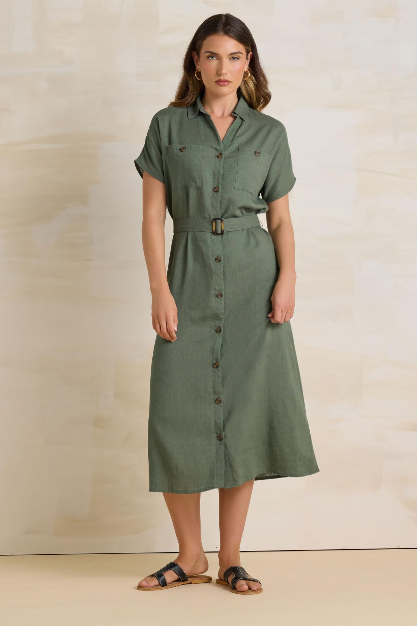 Long Tall Sally LTS Tall Linen Button Midi Dress Khaki 14