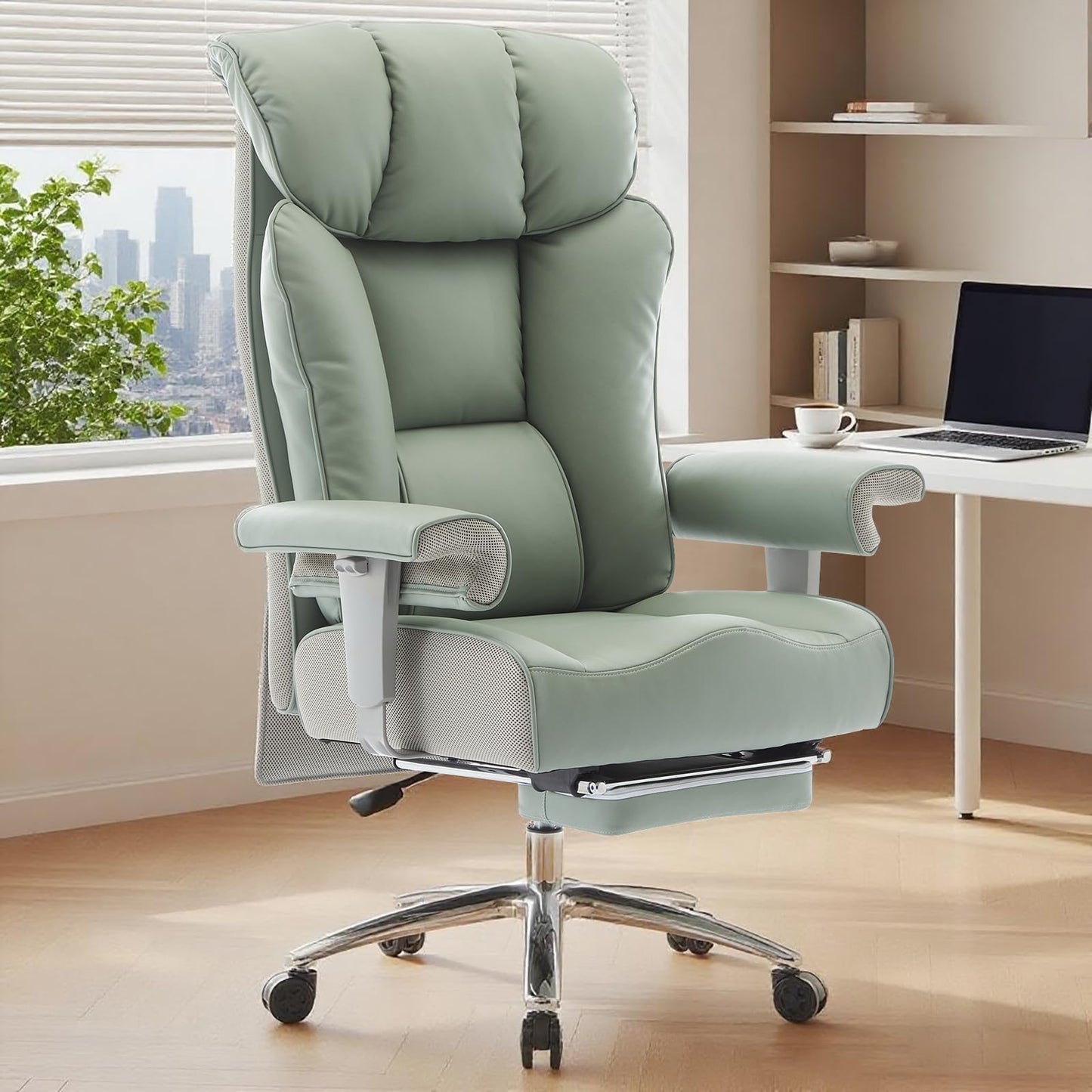 Efomao Big and Tall Green Office Chair 450LBS – Ergonomic High-Back Executive Chair with Footrest, Adjustable Padded Armrests, PU Leather Computer Chair with Lumbar Support for Home or Office,Green