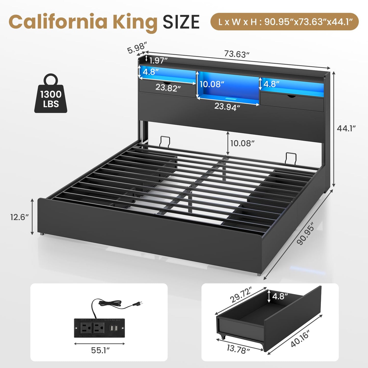 DICTAC California King Bed Frame with Bookcase Headboard and Storage, 4 Large Drawers, Wooden Platform Bed Frame with LED Lights, Charging Station, Strong Metal Slats, No Box Spring Required, No Noise