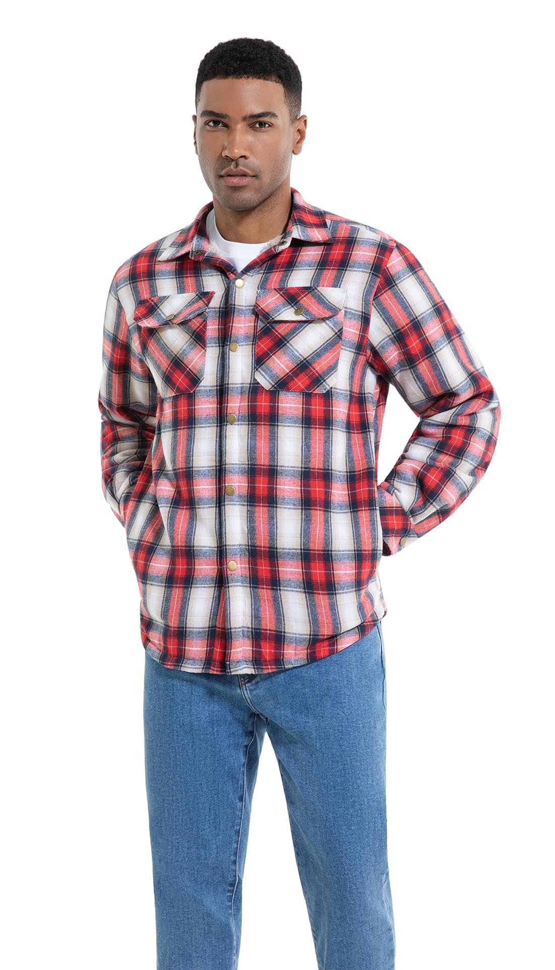 Puwasa Men's Flannel Jackets Sherpa Lined Side Pocket Shirt Jacket Plaid Button Up Camp Night Coat with Pocket Red X-Large Tall