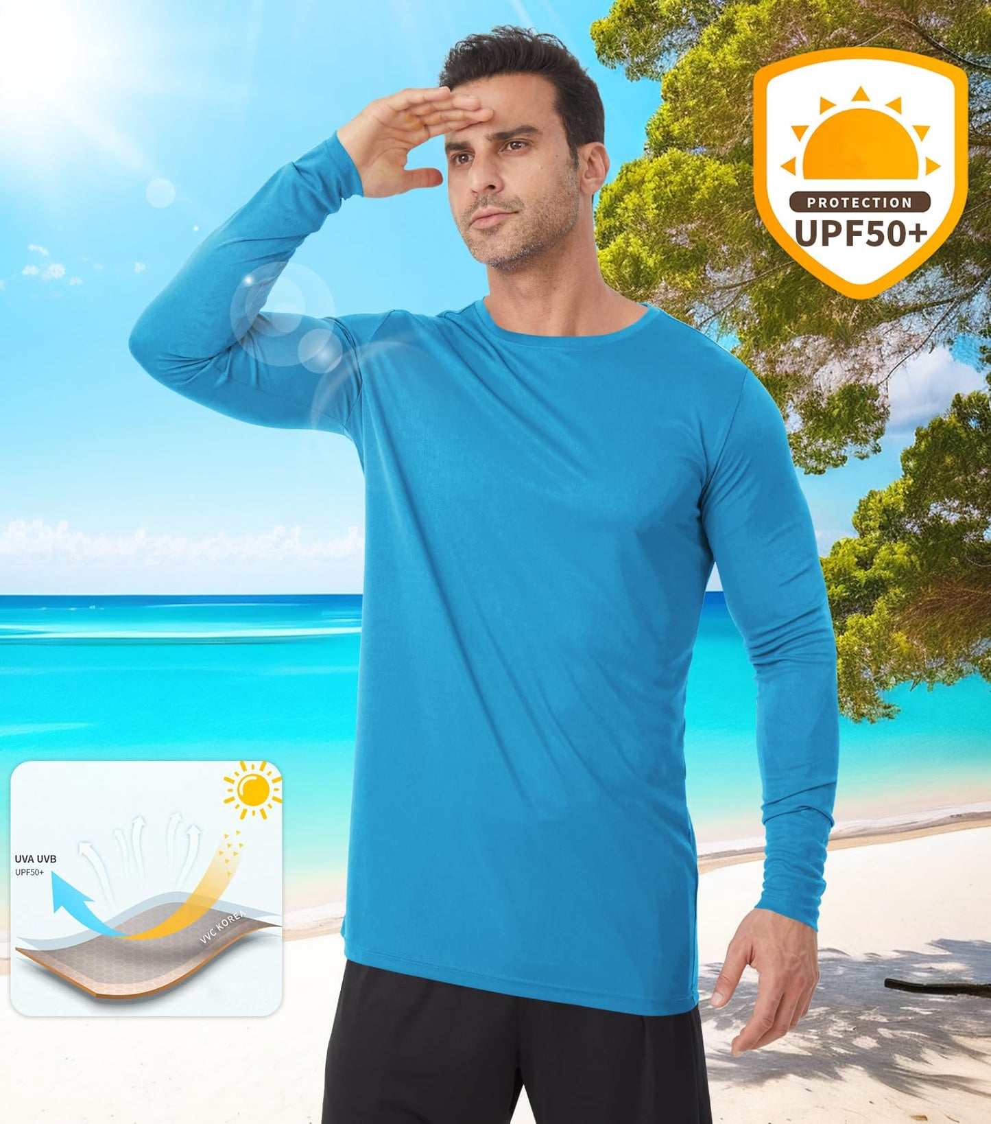 Men's Tall Rash Guard Long Sleeve T Shirts - UPF 50+ Sun Protection Tee Shirt for Fishing, Swim, Hiking