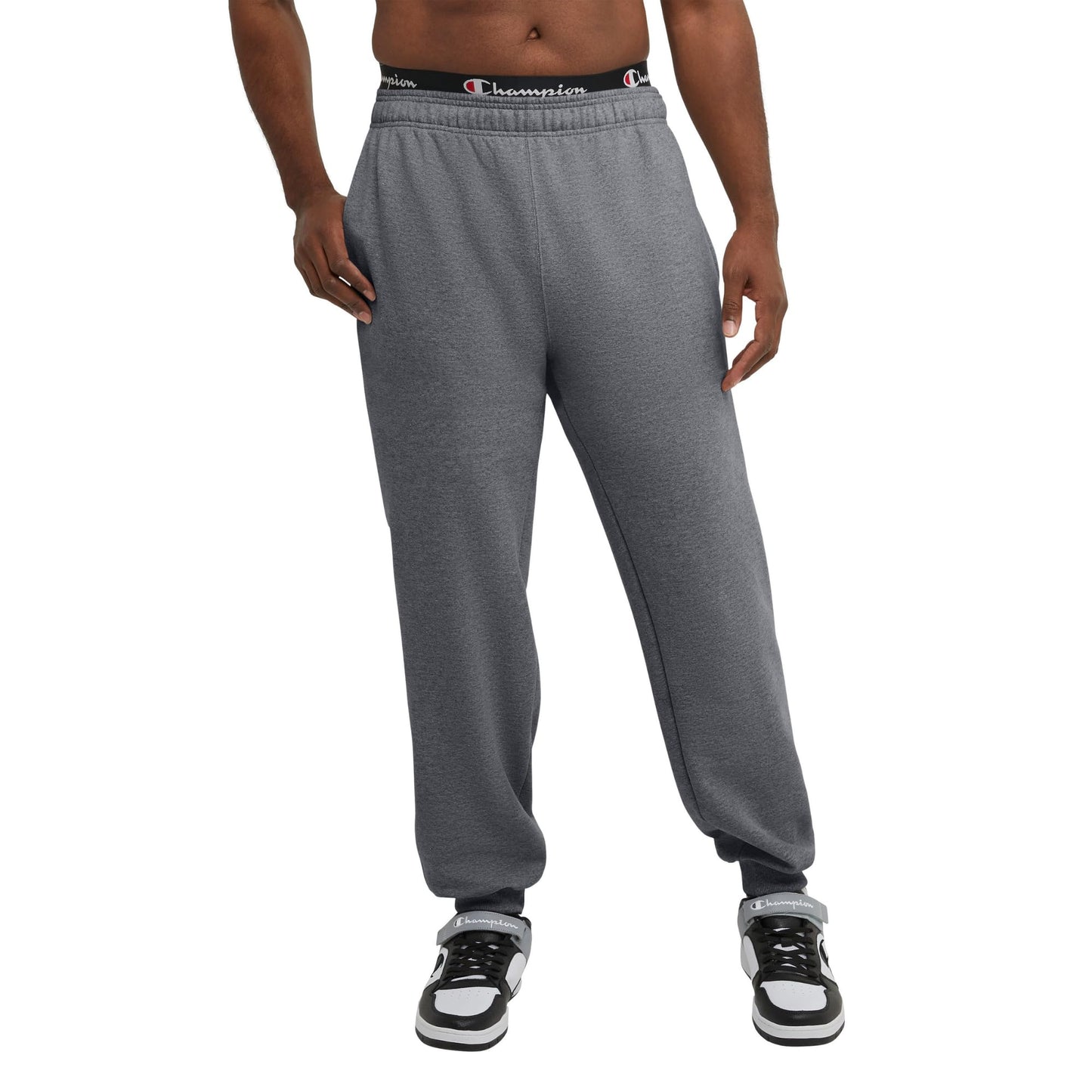 Champion Men's Fleece Joggers, Sweatpants, Standard Fit, Midweight, Script, Available in Regular and Big, Granite Heather-C Patch Logo, Large Tall