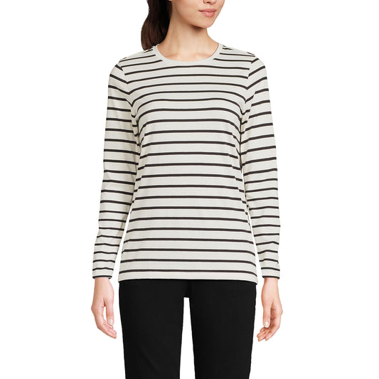 Lands' End Womens Long Sleeve Relaxed Supima Cotton Crew Neck T Shirt Ivory/Black Breton Stripe Tall Large
