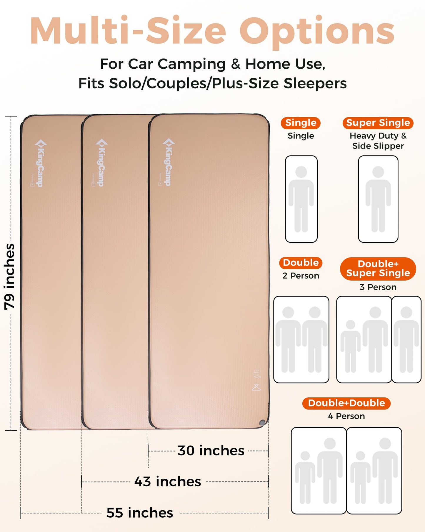 Kingcamp FLEXIREST 5.0 Sleeping Pad for Camping, PVC-Free Air Inflatable High Support Compact Camping Mattress with Pump Sack for Glamping Tent Cot Car Travel, 79"*30"*2"