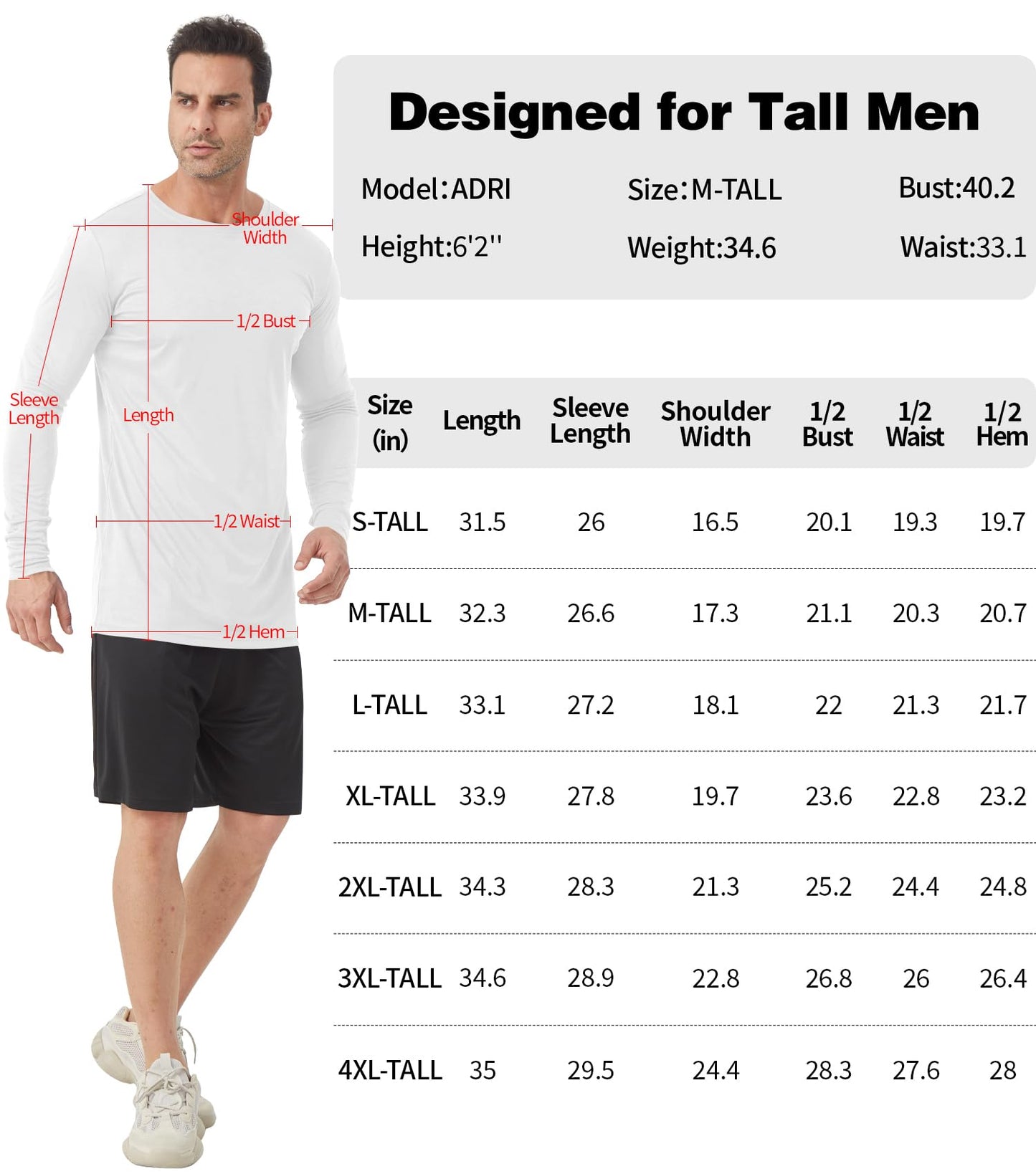 Men's Tall Rash Guard Long Sleeve T Shirts - UPF 50+ Sun Protection Tee Shirt for Fishing, Swim, Hiking White
