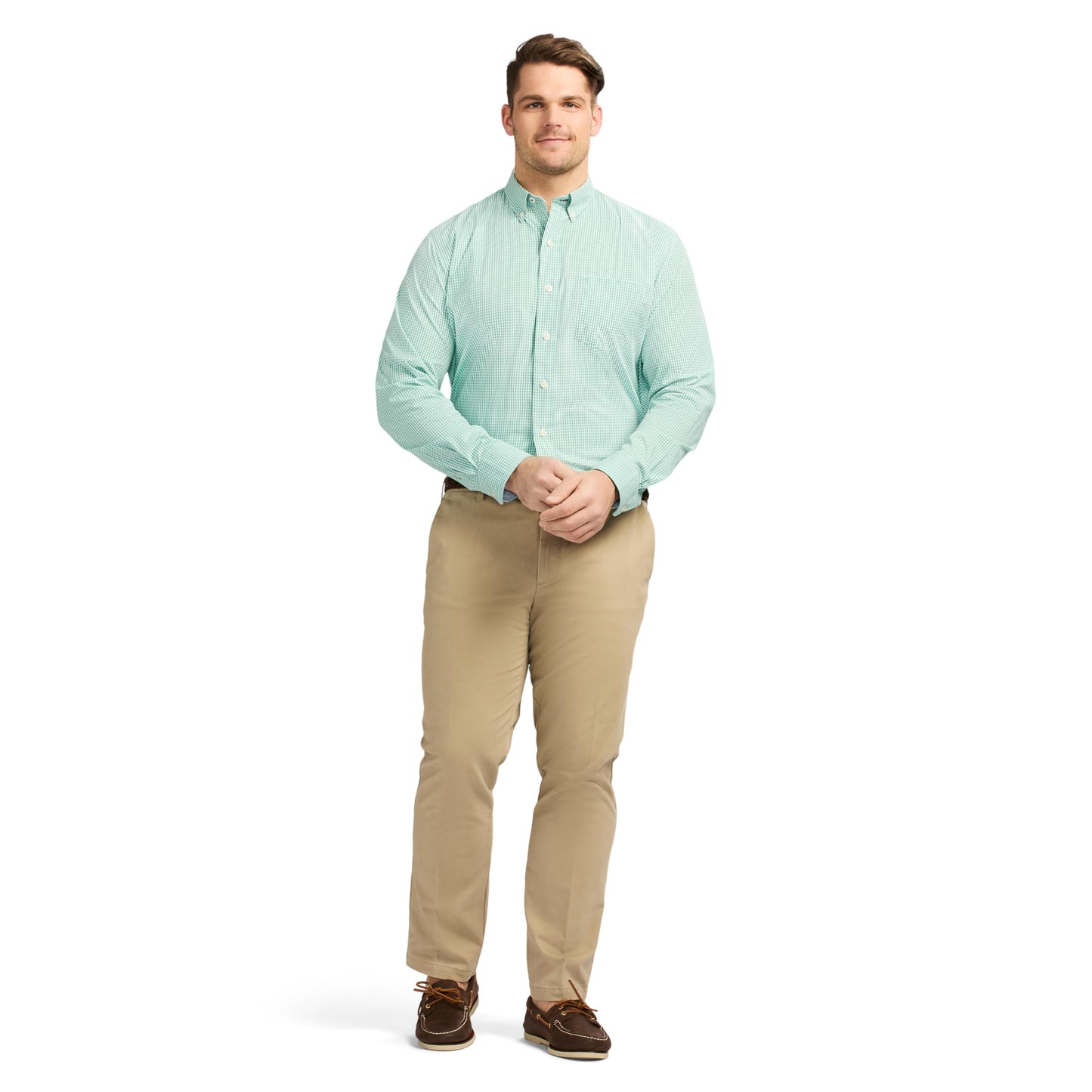 IZOD Men's Big and Tall Performance Comfort Long Sleeve Gingham Button Down Shirt, Beryl Green