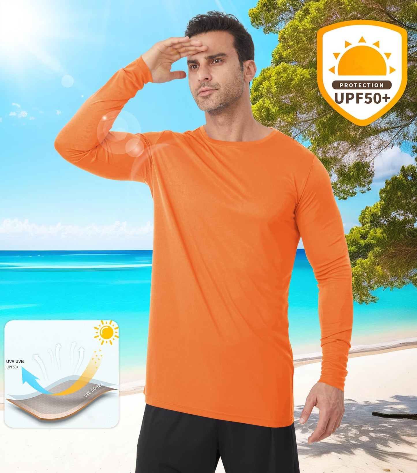 Men's Tall Rash Guard Long Sleeve T Shirts - UPF 50+ Sun Protection Tee Shirt for Fishing, Swim, Hiking Orange