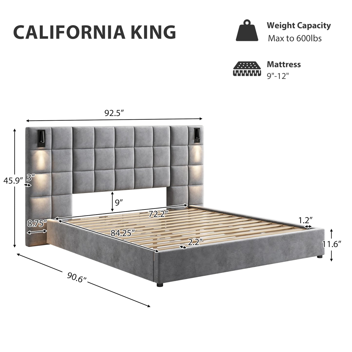 Merax California King Size Upholstered Velvet Bed Frame, with Wall Sconce and USB Port, Wide Headboard for Bedroom, (Without Bedside Tables & Mattress), Gray