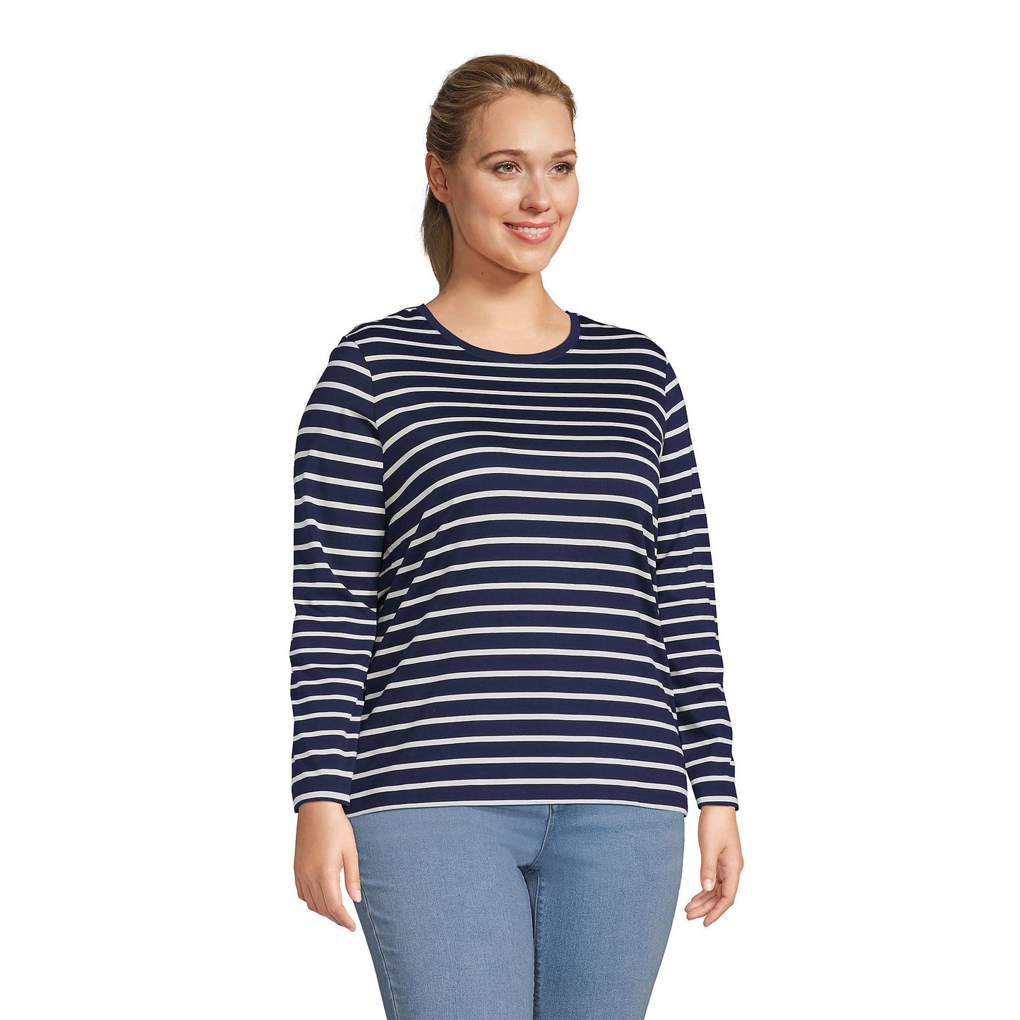Lands' End Womens Long Sleeve Relaxed Supima Cotton Crew Neck T Shirt Deep Sea Navy Breton Stripe Tall Large