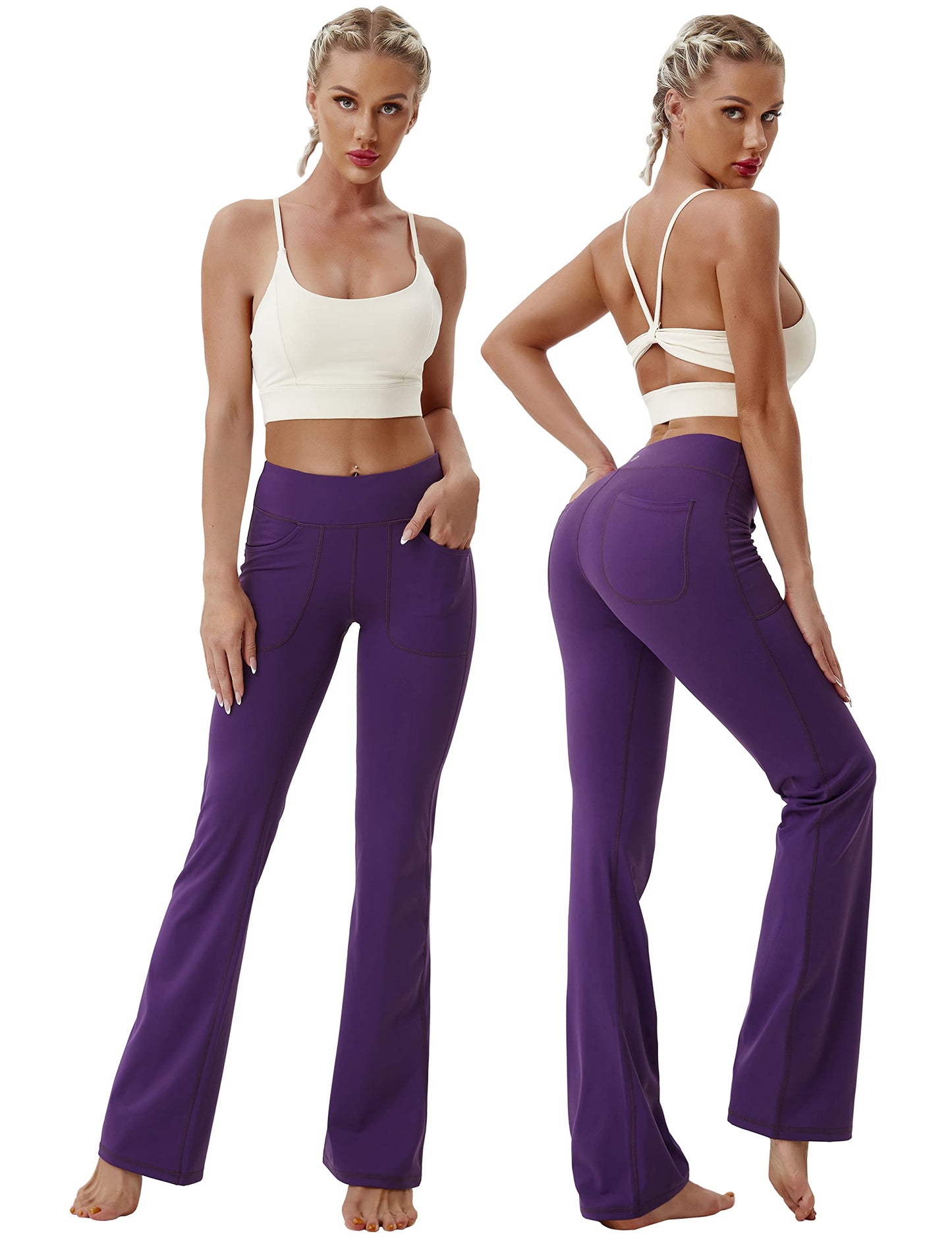 BUBBLELIME 29"/31"/33"/35" 4 Styles Women's High Waist Bootcut Yoga Pants - Out Pockets_EGGPLANTPURPLE(1) S-35 Inseam