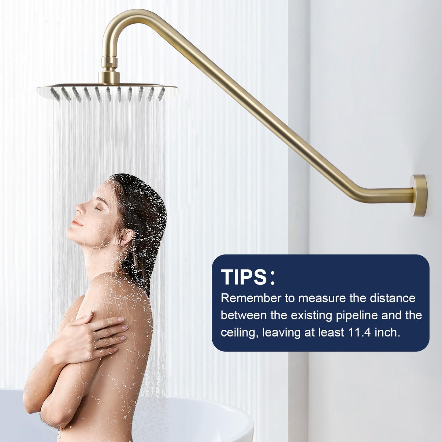 Shower Extension Arm with Flange Uvish 17" Shower Head Riser Pipe, Stainless Steel High Rise Long Neck Shower Head Arm Extender Arm for Rain Shower Head, Standard 1/2" Connection, Brushed Gold
