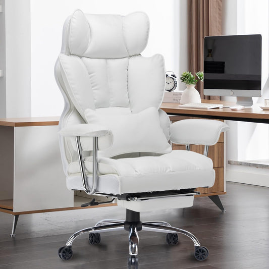 Efomao Big and Tall Office Chair 400lbs – High Back PU Leather Executive Chair with Lumbar Support, Footrest, Swivel Base, Padded Armrests, and Rolling Wheels for Home Office, White Computer Chair