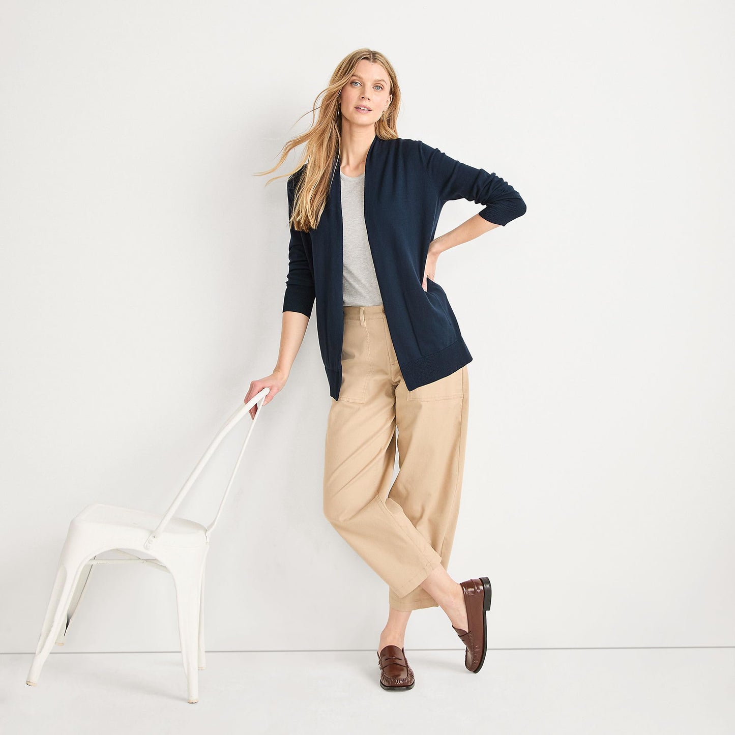 Lands' End Womens Cotton Long Sleeve Open Cardigan Sweater Radiant Navy Tall Small