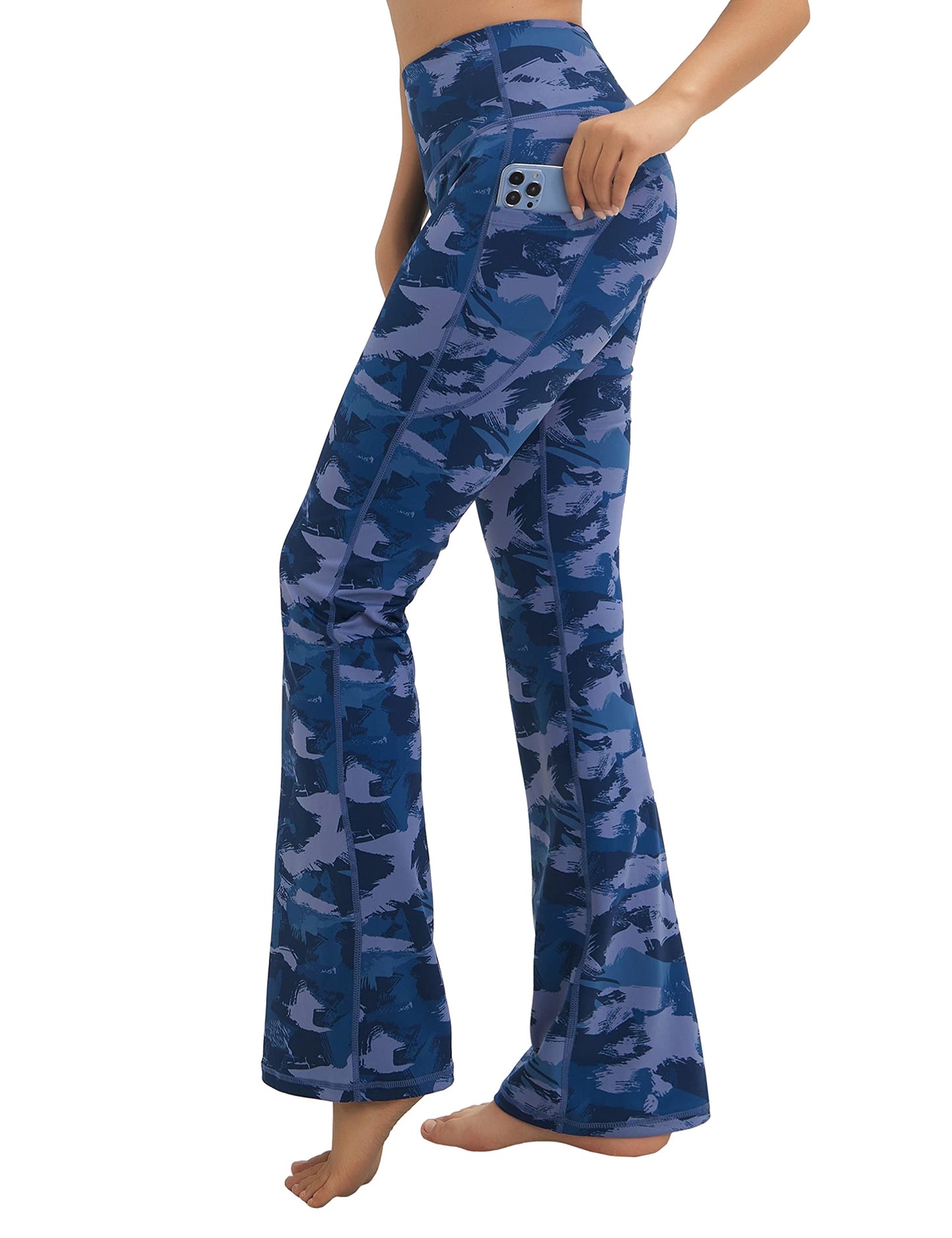 BUBBLELIME 29"/31"/33"/35" 4 Styles Women's Tummy Control Bootcut Yoga Pants - Side Pockets_Navy BRUSHCAMO L-37 Inseam