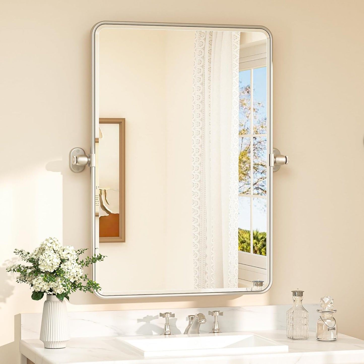 Up-titling Mirror for Bathroom - Metal Framed, Modern Farmhouse Beveled Rounded Corner