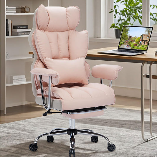Efomao Big and Tall Office Chair 400LBS, Heavy Duty Executive Office Chair with Foot Rest, Home Office Desk Chairs, Pink Big Tall Computer Chair