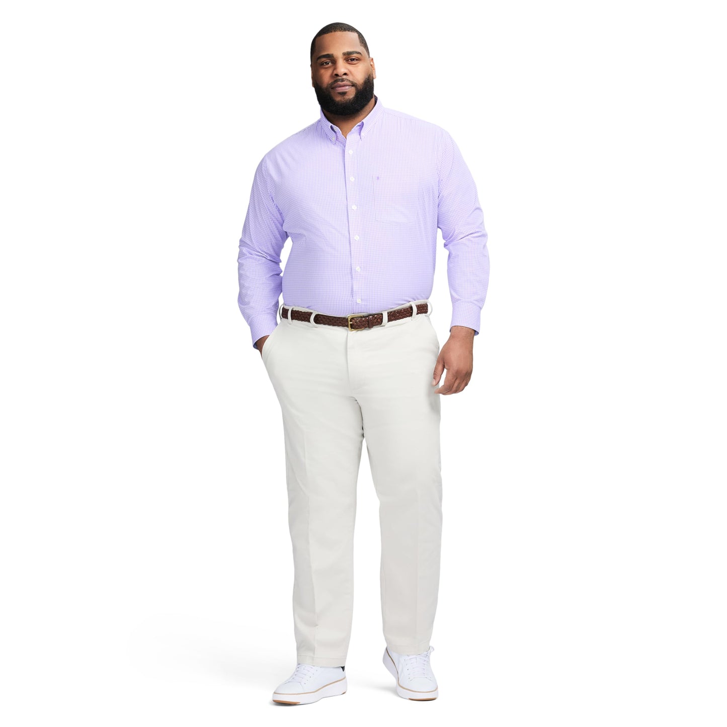 IZOD Men's Big and Tall Performance Comfort Long Sleeve Gingham Button Down Shirt, Sand Verbana